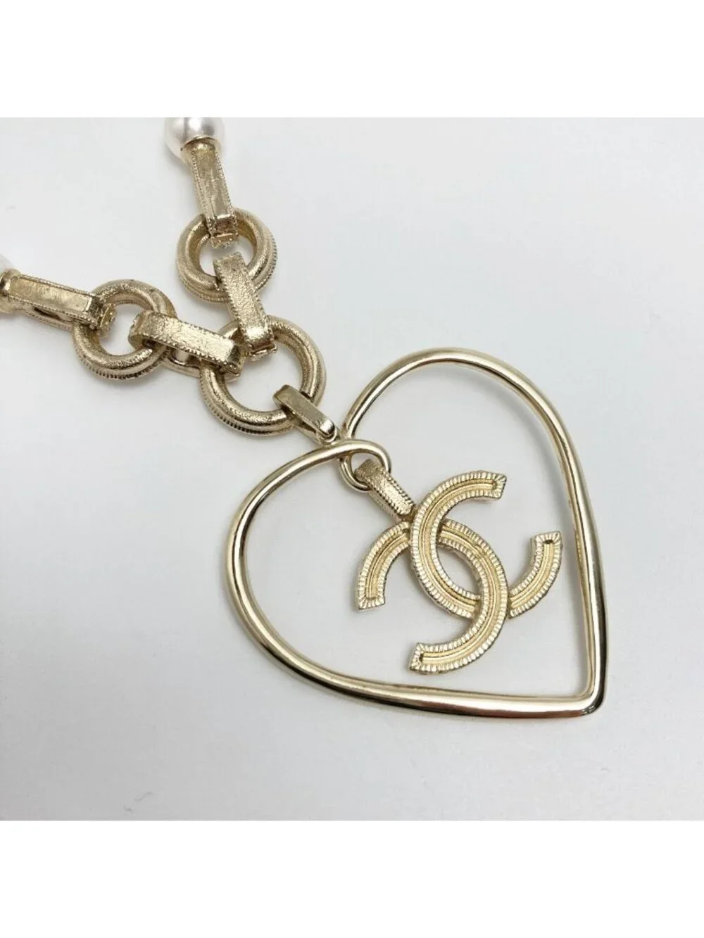 Chanel Coco Mark Heart Motif Necklace A21 P Champagne Gold Faux Pearl